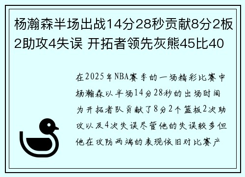 杨瀚森半场出战14分28秒贡献8分2板2助攻4失误 开拓者领先灰熊45比40