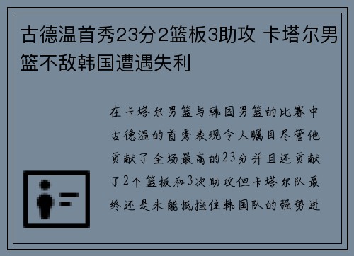 古德温首秀23分2篮板3助攻 卡塔尔男篮不敌韩国遭遇失利